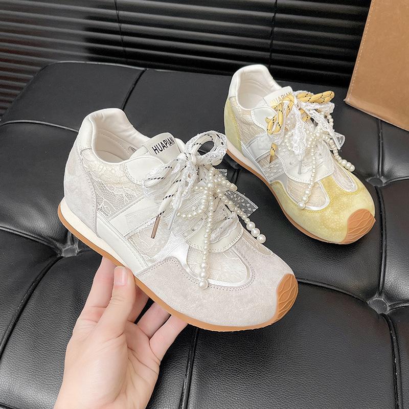 Inner Height-increasing Leather Lace German Training Shoes for Women's 2025 Spring New Models with Skirts, Mesh Breathable and Versatile Forrest G