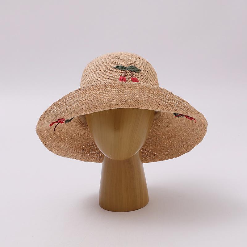 Handmade Crochet Cherry Embroidery Lafite Straw Hat Bucket Hat Women's Summer Seaside Foldable Sunscreen Sunshade Basin Hat
