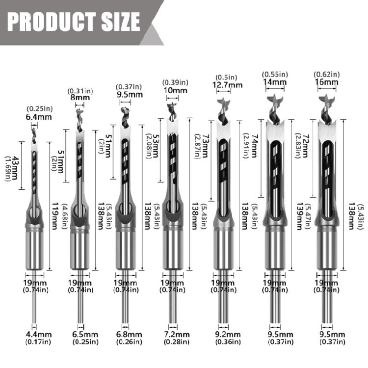 7Pcs Complete Square Mortising Chisel Set Heat Resistant Material Chisel Drill Bits For Efficient Wood Drilling