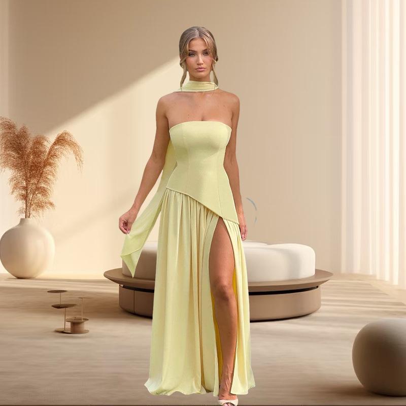 2026 summer new product design tube top color matching pleated high split slim dress scarf streamer dress