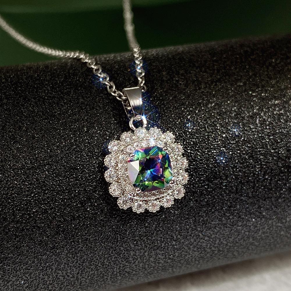 Silver Plated 4PCS Blue CZ Jewelry Set (Necklace+Earrings+Ring), Cushion Cut Halo Box Chain Set for Women