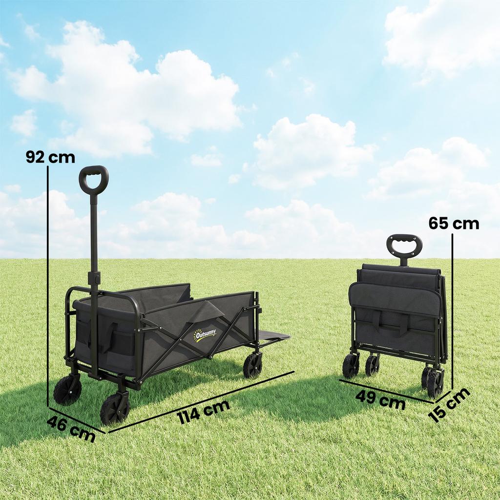 Foldable Garden Cart 72L with Adjustable Handle, in Steel and Oxford Fabric, 114x46x92 cm, Black