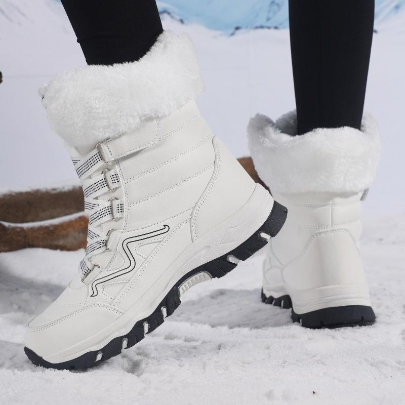 Plush Mid-top Winter Boots Women Warm Cotton Shoes Anti-slip Rubber Sole Outdoor Sneakers Plush Waterproof Ladies Hiking Footwear