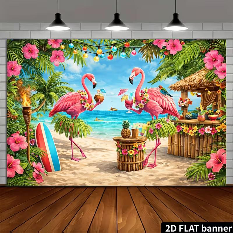 2D Bright Tropical Beach Backdrop with Flamingos for Summer Photoshoot