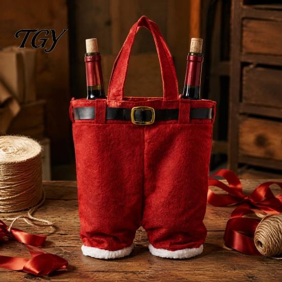 Santa Claus Pants Gift Holders Shaped Christmas Candy Bag, Large Wine Bottle Holder with Festival Pouches Handle, Holiday Treat Tote for Party