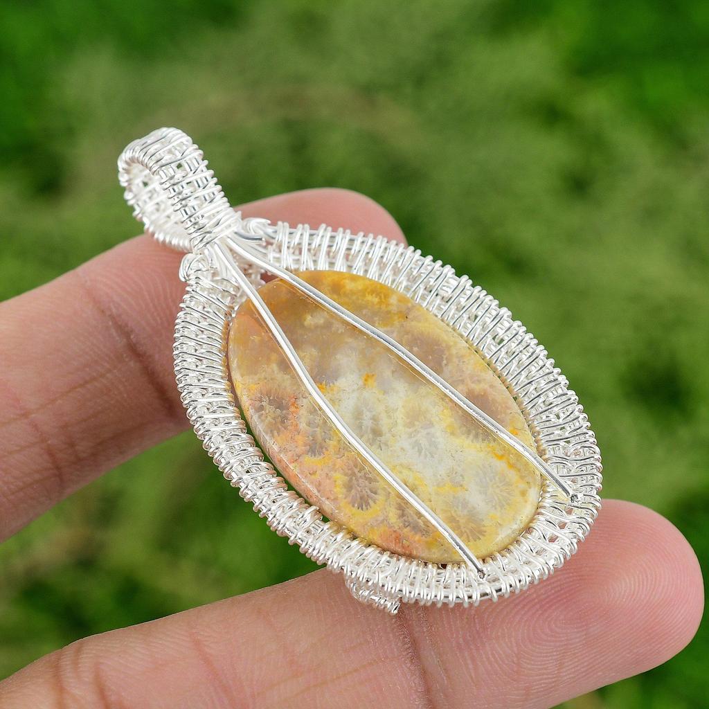 Oval Natural Fossil Coral 925 Sterling Silver Bezel Wire Wrapping Ethnic Pendant
