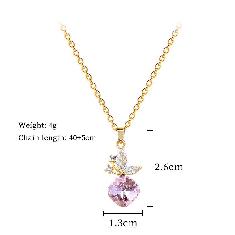 Sweet Cute Zircon Butterfly Pink Square Crystal Pendant Necklaces for Women Girls Stainless Steel Chain Collar Jewelry Gifts
