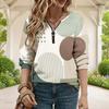 Women Plus Size Purple Blue White Geometric Leaf Print V Neck Half Zip Long Sleeve Sweatshirt
