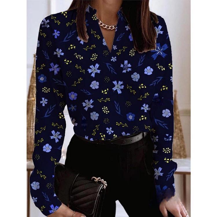 Bluzki z długim rękawem z kwiatowym nadrukiem ze stójką stylowe duże rozmiary wyprzedaż z rabatem 50%
