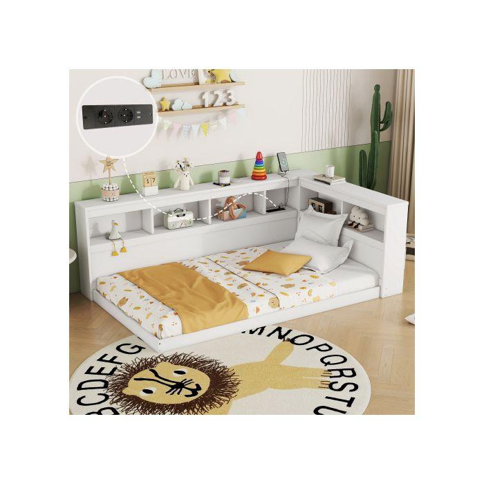 Canapé-lit - MUVOE - 90 x 200 cm - Blanc - 2 prises USB - Sommier à lattes