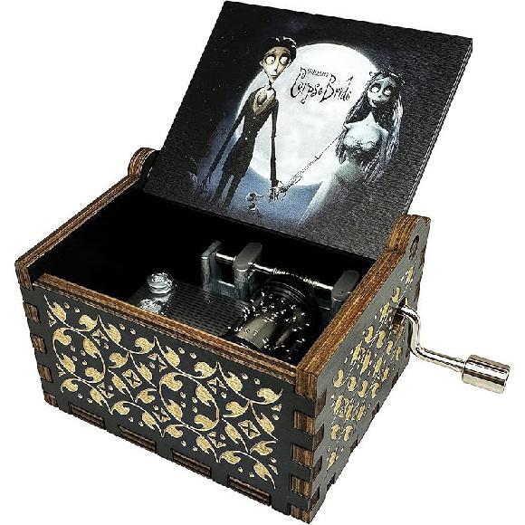 CorpseBride Wind up Wooden Music Box, Antique Wooden Case with Engraved Design, Decorative Collectible Gifts for Birthday,Valentine s Day, Halloween, Hand-crank Style
