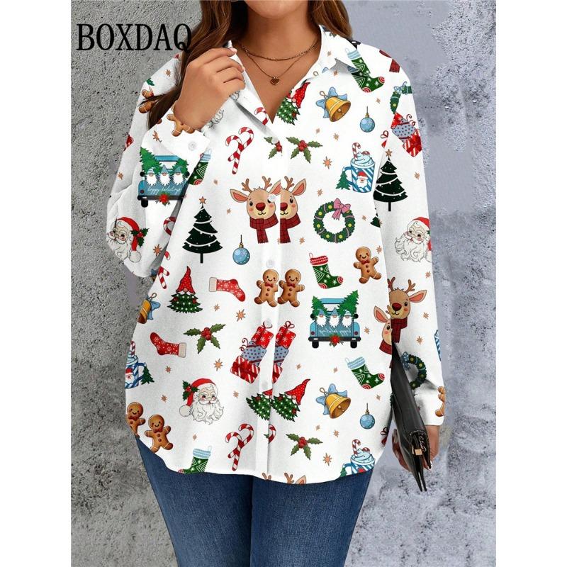 Cute Santa Claus Print Cardigan Shirt For Women 2025 Autumn Fashion Christmas Party Tops Casual Long Sleeve Lapel Button Blouse