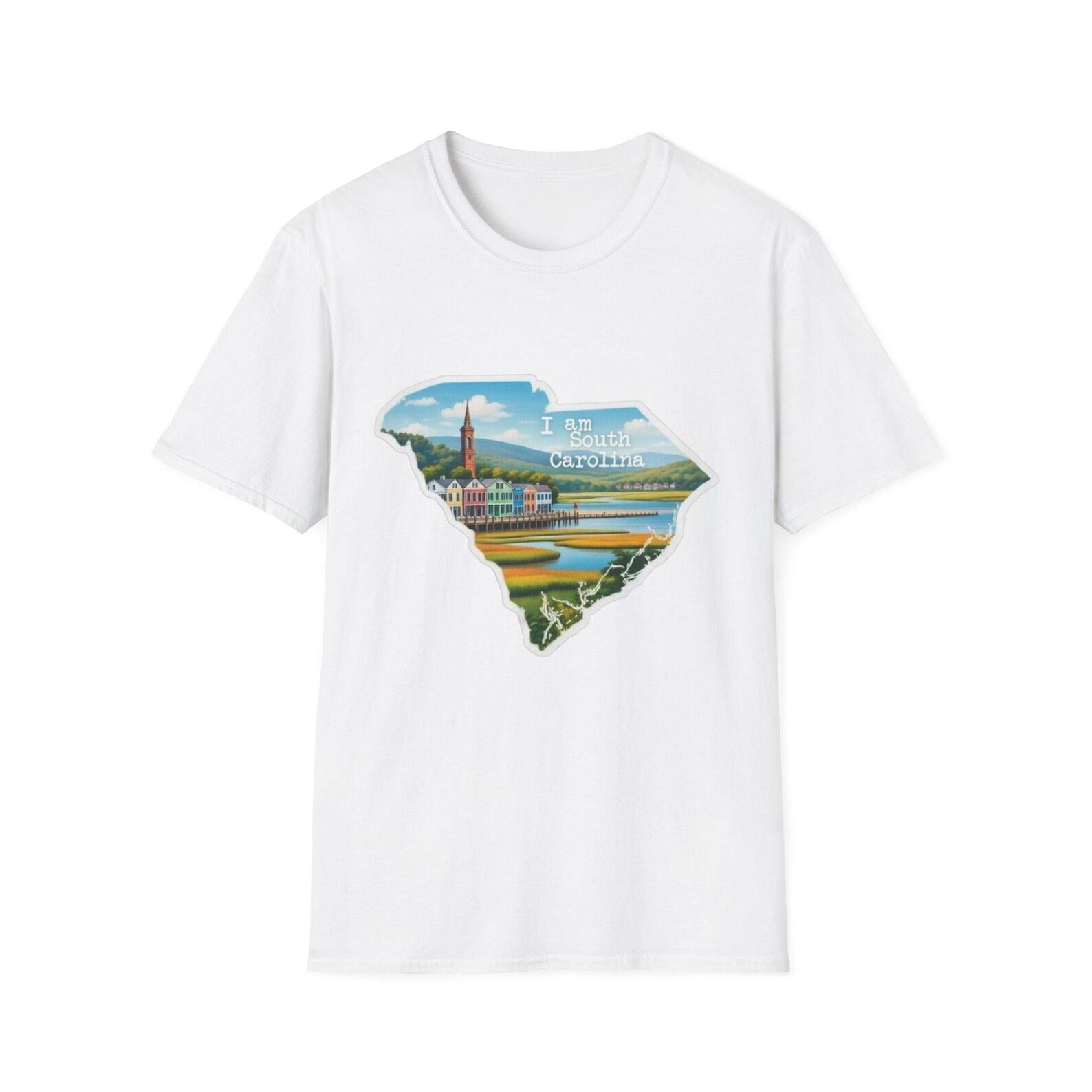South Carolina State Shape Skyline T-Shirt | Charleston Lighthouse & Palmetto Scene L