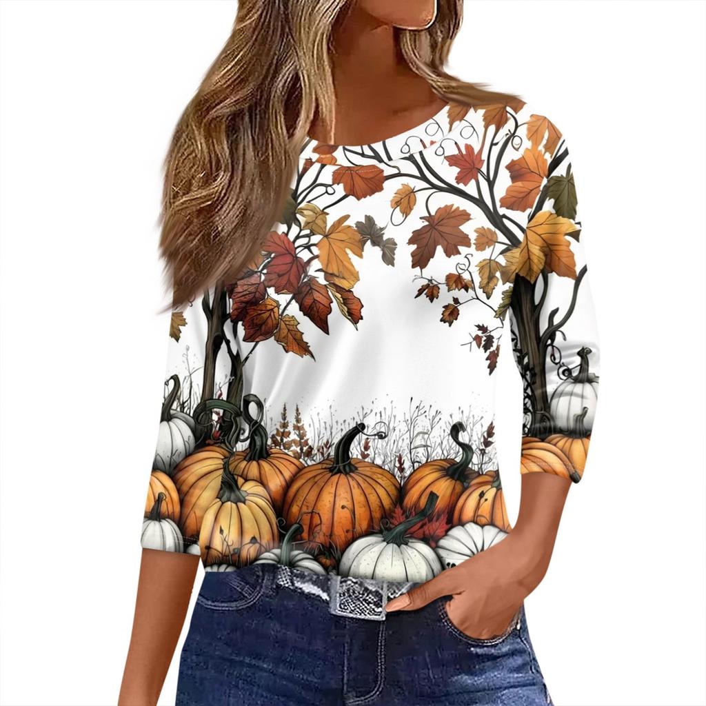Damski T-shirt z nadrukiem na Halloween, rękaw 3/4, codzienny, modny, podstawowy, z okrągłym dekoltem, regularny top