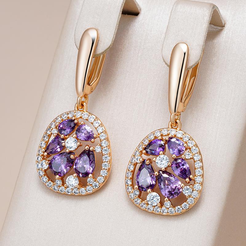 Shiny Purple Natural Zircon Drop Earrings For Women Trend  Rose Gold Color Bride Wedding Fine Jewelry Crystal Gift