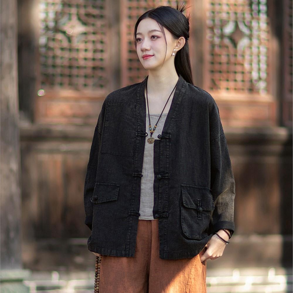 

Johnature Women Vintage Shirts Tops Spring Chinese Style Button Blouses Patchwork Pockets Shirts One Size чёрный