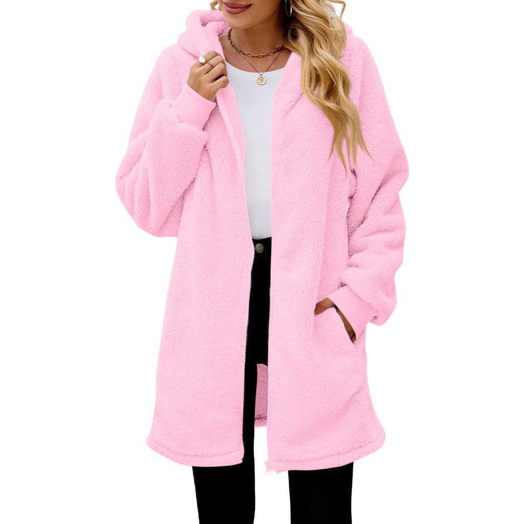 Women's Fashionable Coat Solid Color Long Sleeved Pocket Loose Hooded Zipper Plush  Jacket
