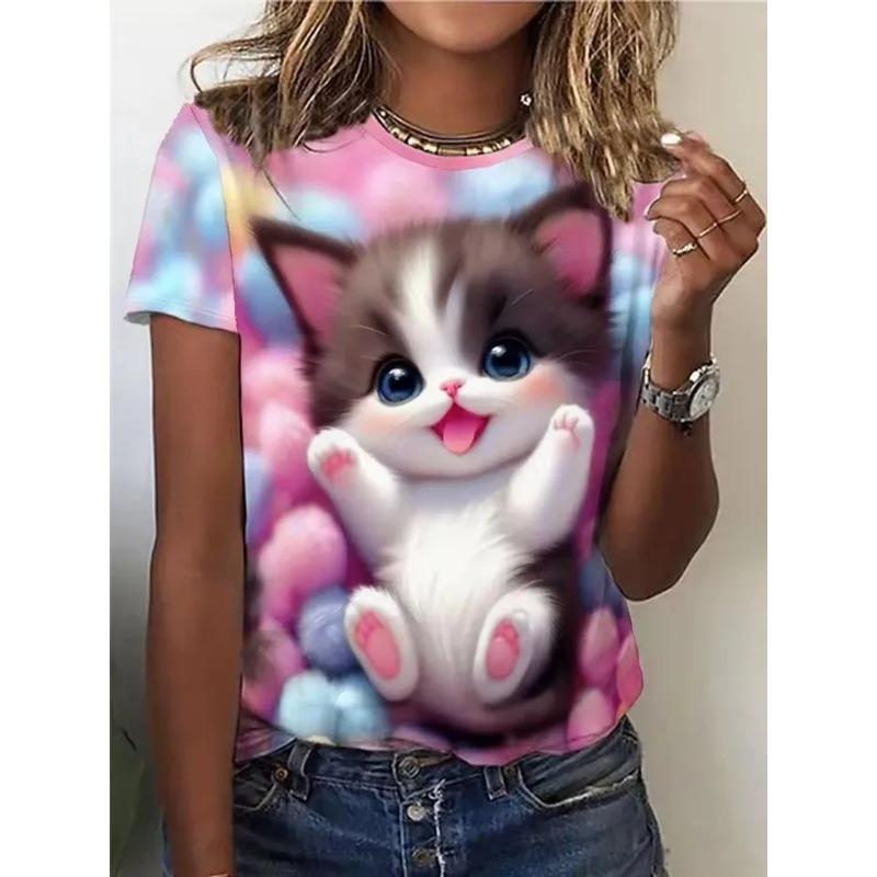 Summer Round Neck 3D Cute Cat Pattern Print Top Fashionable Casual Short Sleeved Women's T-shirts