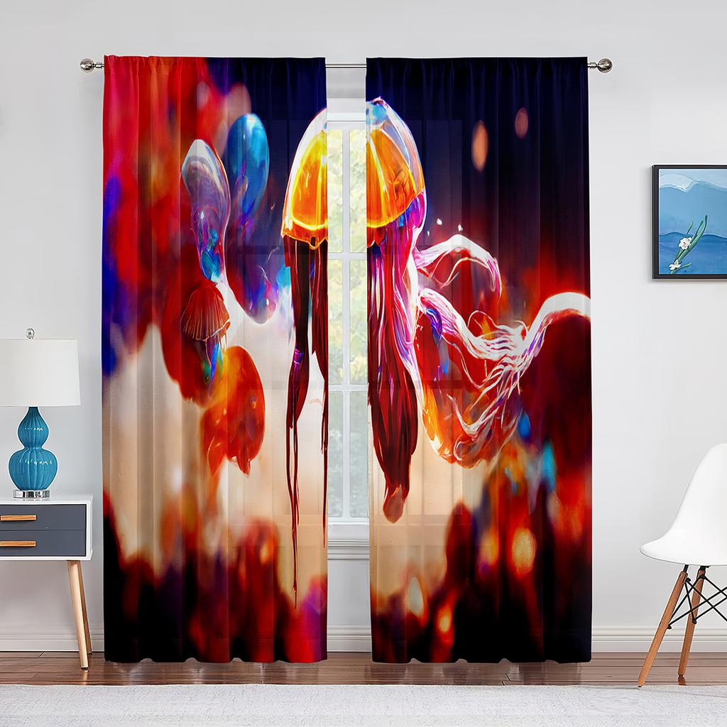 Jellyfish In The Deep Ocean Window Tulle Curtains Foamy Dreamy Blue Ocean Sheer Voile Curtain for Living Room Bedroom Decoration
