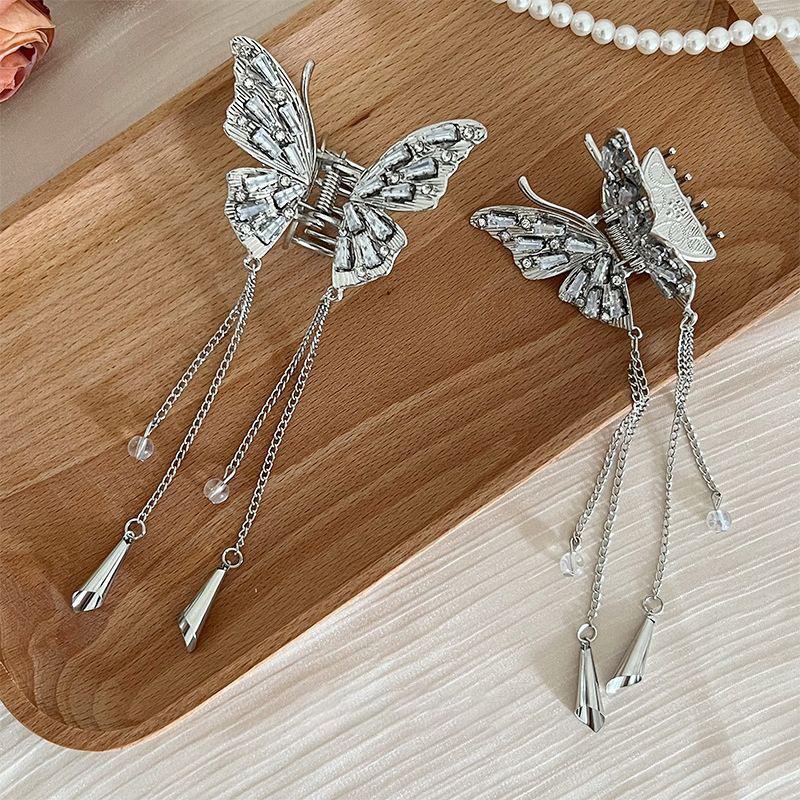 Shiny Rhinestones Butterfly Hair Claw Clips For Women Girl Vintage Long Chain Tassel Claw Clip New Chinese Style Accessories