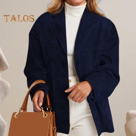 Damenjacke Vintage OL Pendlerstil Umlegekragen Einreihig Einfarbig Locker Mittellanger Mantel Herbst Winter Lässige Oberbekleidung