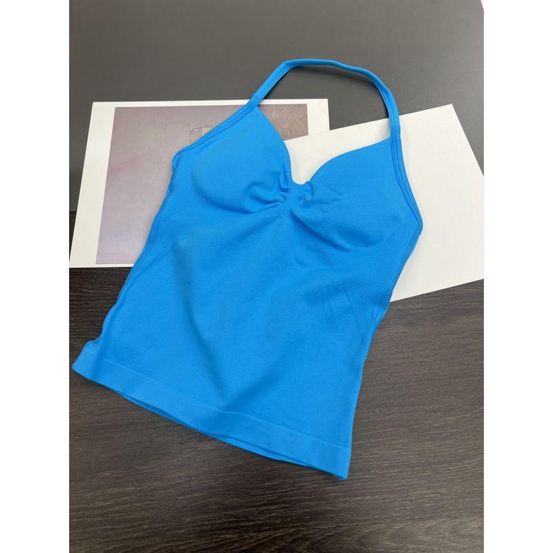 Df Thin-Strap Running Ruched Halter Fitness Bra with Chest Pads, Shaping, Shockproof, Beautiful Back Sports Yoga Tank Top for Women