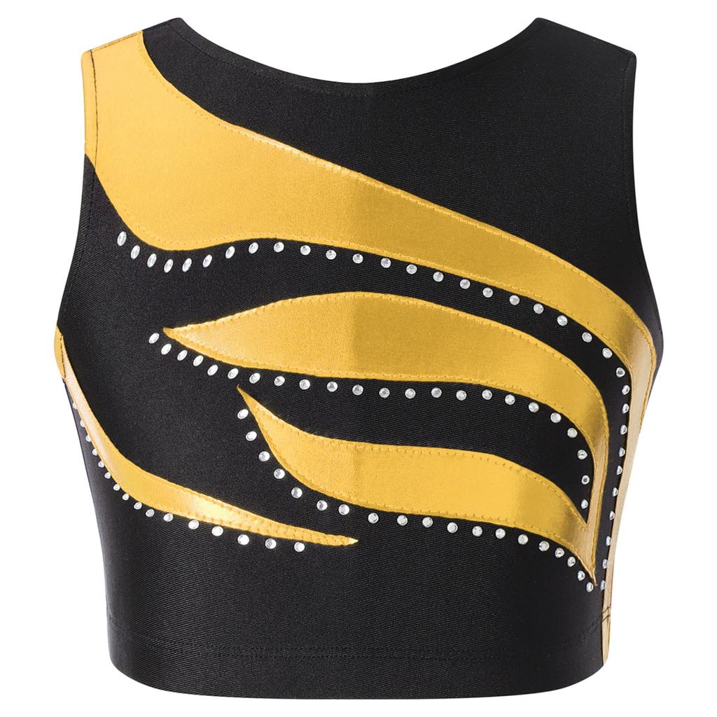Girls Shiny Rhinestone Decor Dance Top Sleeveless Round Neck Jazz Performance Vest Tank Top
