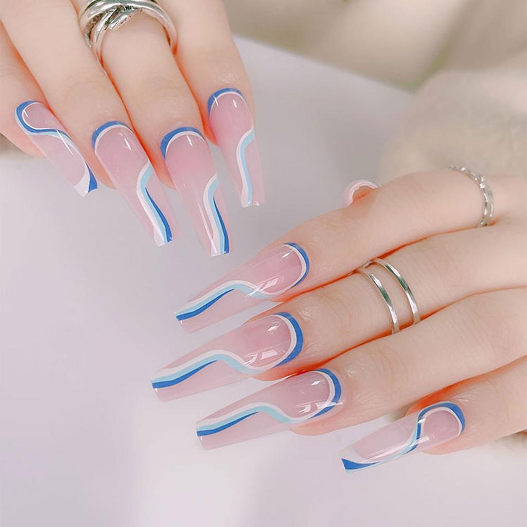 Nail Art European And American Blue Striped Coffin Nail, Long Ballet Nail, Fake Nail Finished 24 Pieces