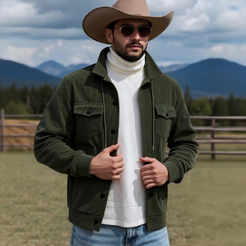 

New Corduroy Jacket Lapel American Retro Multi-pocket Work Pocket Single Breasted Buckle Jacket XXXL армія зелений колір