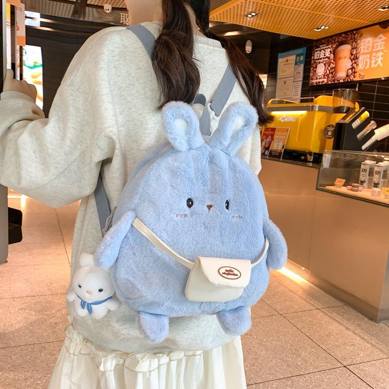 Schoolbag Cute Plush Rabbit Backpack Japanese Ins Large Capacity Cartoon Funny Oblique Span Bag Soft Girl Student Bag Wholesale