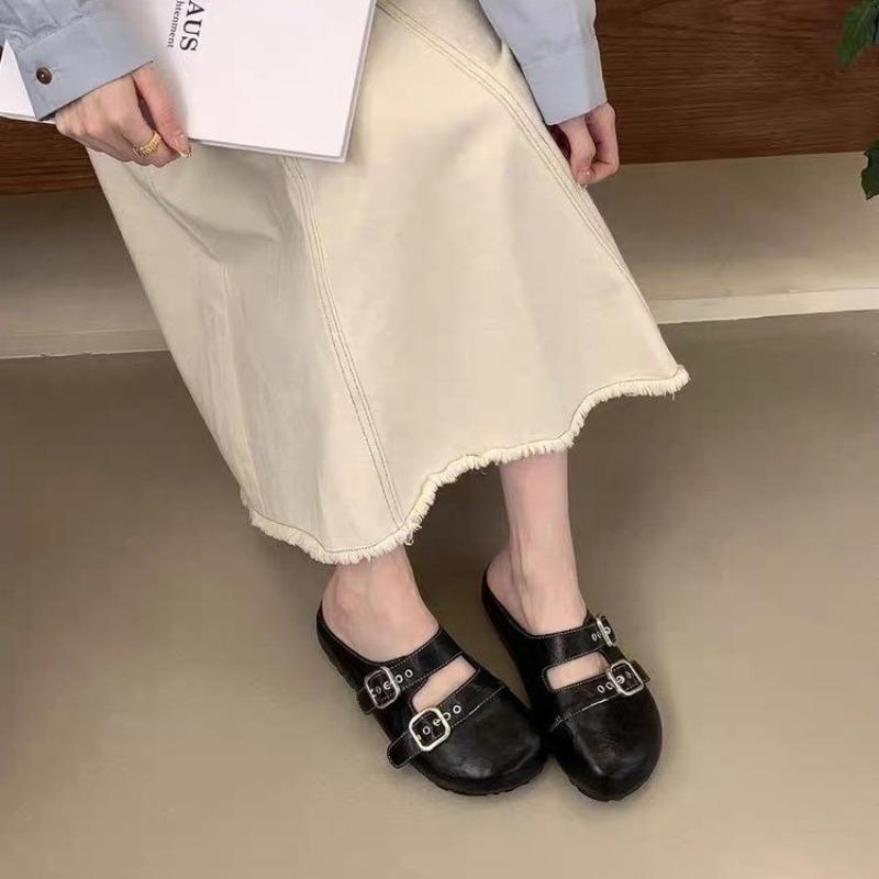 Fashion Spring Baotou Slippers for Women Round Head Shallow Mouth Rivet Metal Buckle Soft Soled Non-slip Wear-resistant Flat Shoes