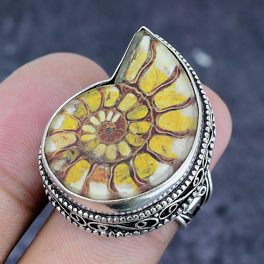 Natural Ammonite Fossil Gemstone 925 Sterling Silver Jewelry Ring Size 7 I7b88