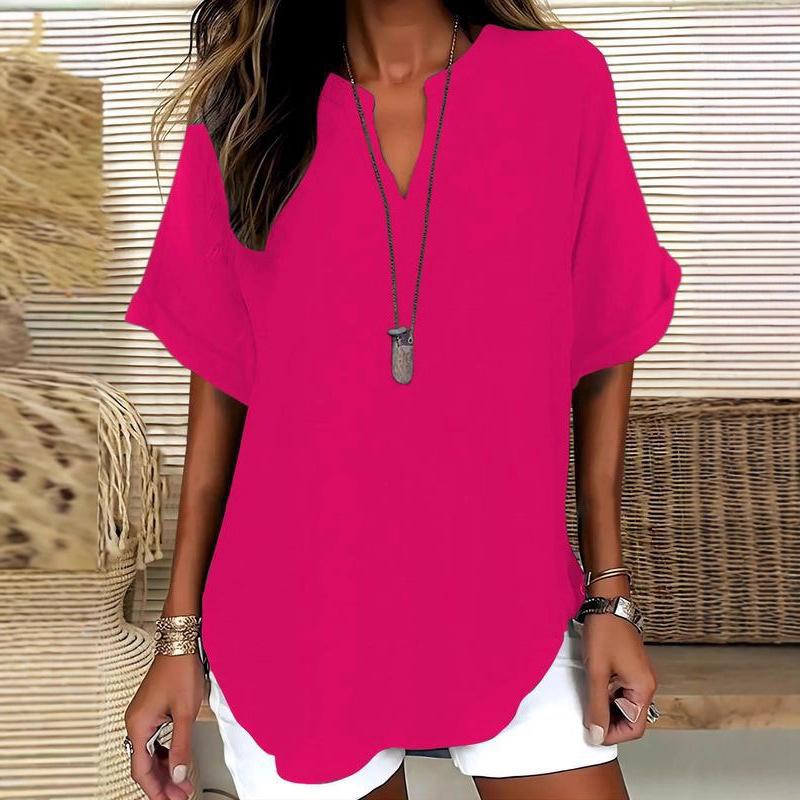 Summer Loose and Fashionable Pure Color V-neck Casual Women's T-shirts