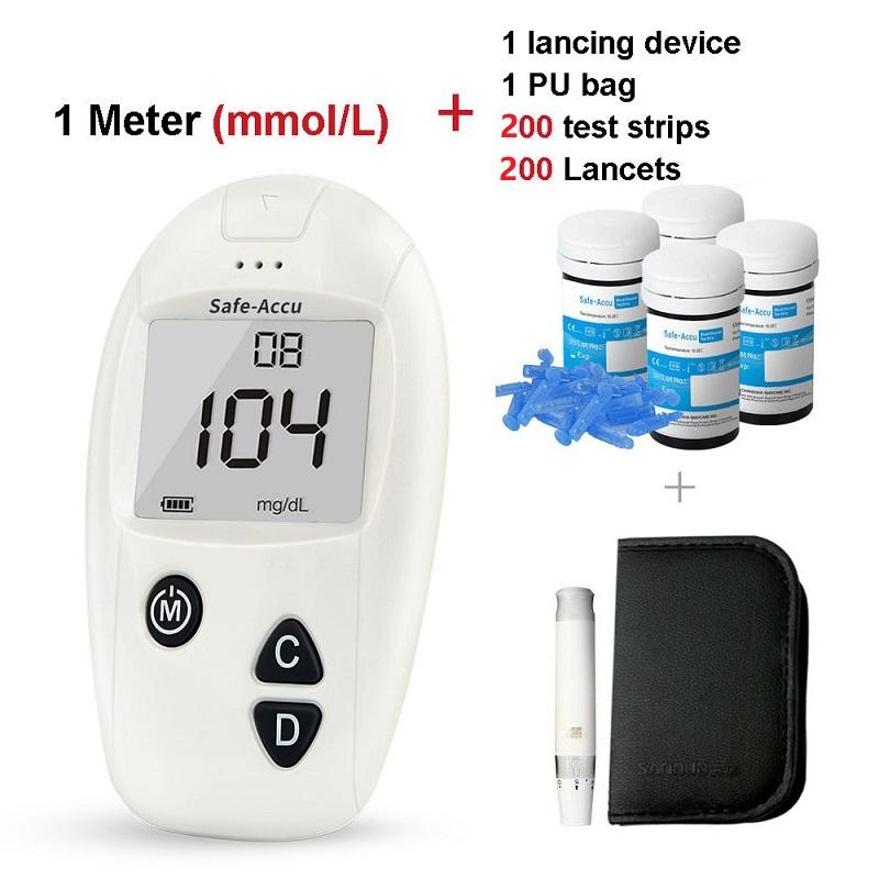 Sinocare Monitor poziomu glukozy we krwi Safe-Accu z 200 paskami testowymi Zestaw do testu na cukrzycę Mmol/L lub Mg/dL