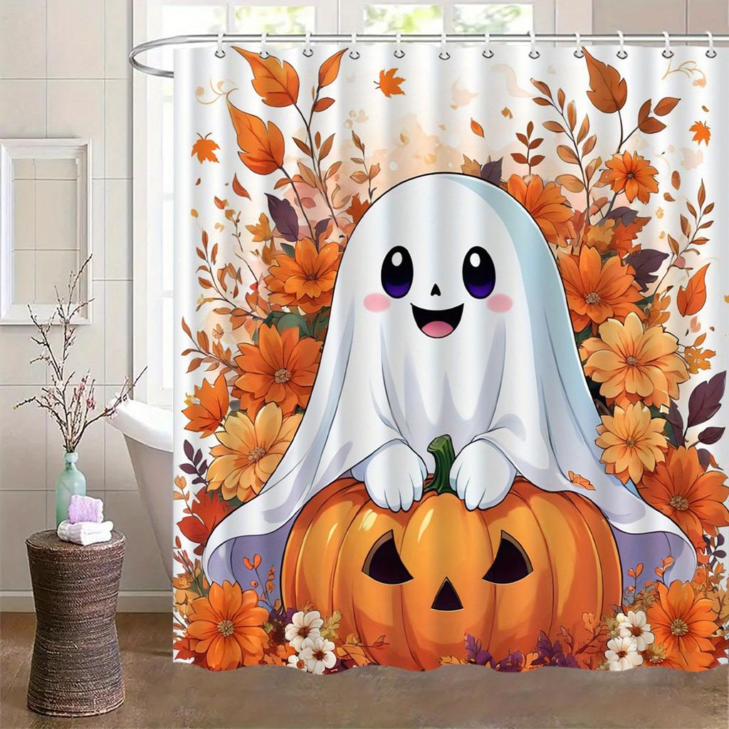 "Cute Halloween Ghost Shower Curtain, Waterproof Fabric With Pumpkin And Autumn Leaves For Bathroom Decor, Festive Theme"