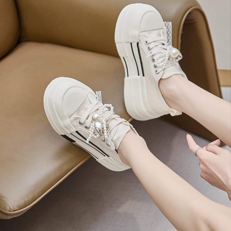 Canvas Shoes Women's Platform Muffin Shoes Summer New Versatile Round Head Lace-up Casual Shoes Breathable Single Shoes