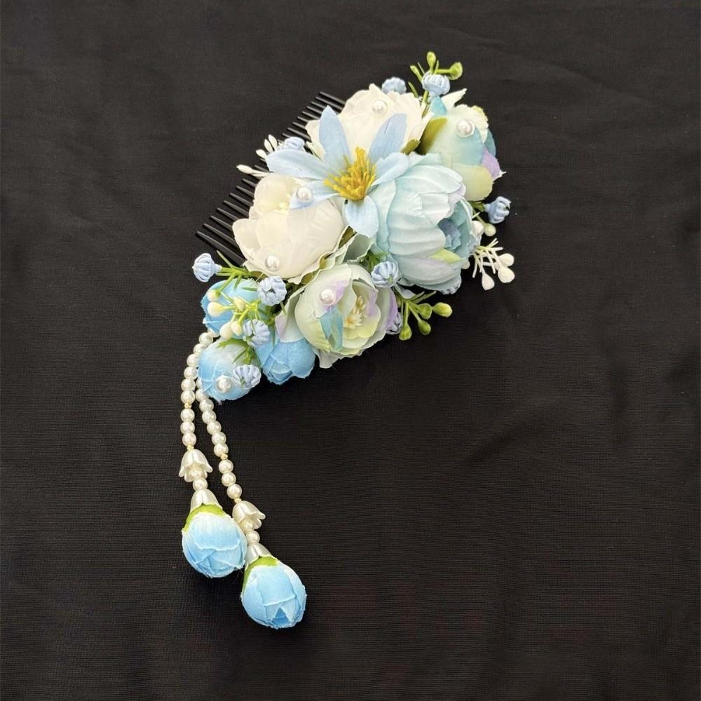 

Sweet Tulip Hair Comb Floral Headwear Chignon Hair Clips Flowers Hairpin with Tassels Daily синий