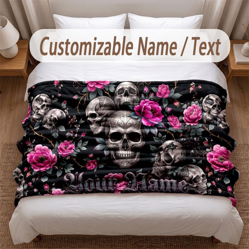 Skull Gothic Theme Soft Blanket Personalized Custom Name Text Print Warm Blanket Home Sofa Bedroom Decor