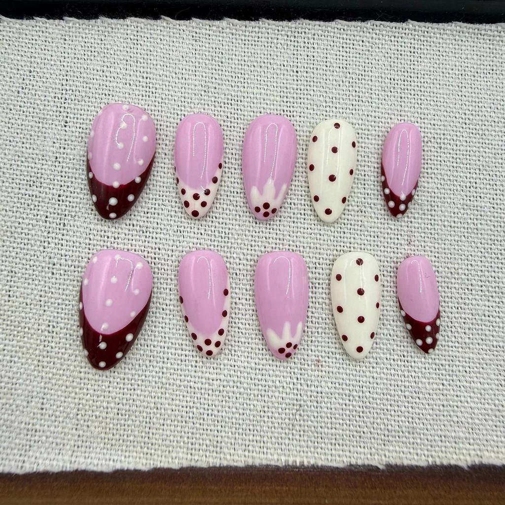 Handmade Press On Nail French Sweet Cool Pink & Burgundy Polka Dots Medium Almond Fake Nail Patch Artificial Nail Reusable XS