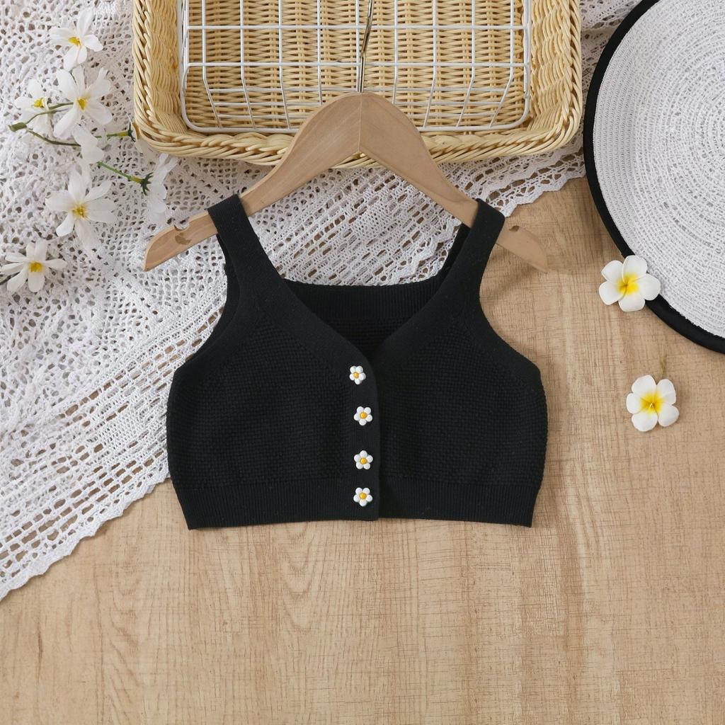 Girls' Knit Sleeveless Top With Flower Buttons - Kids' Clothing