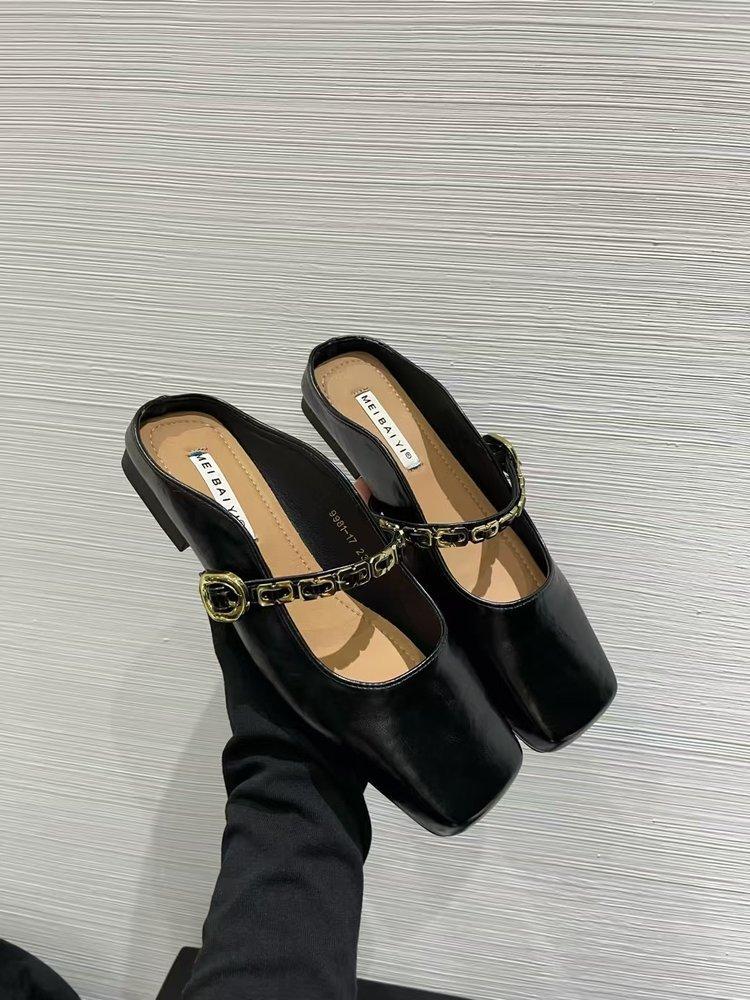 2025 Summer New Square Head Bag Head Slippers Outdoor European and American Women's Shoes Shallow Mouth Half Drag Sandals Net Red Casual Versatile