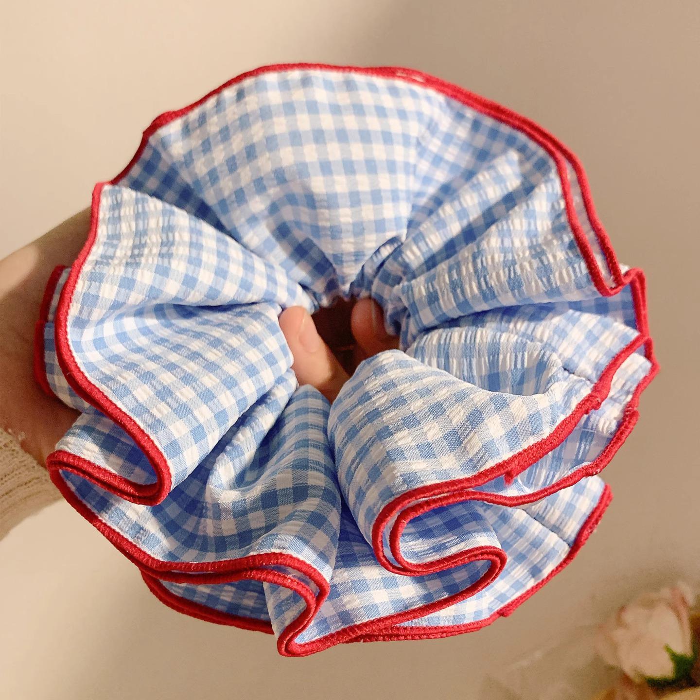 

Korean Retro Blue Checkered Extra Large Scrunchie for Women - High-End, Heavy-Duty Hair Tie & Accessory