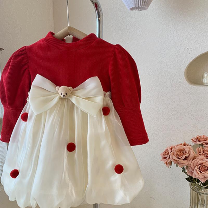 Girls Bow Dress Autumn Winter Children Fake 2 Piece Long Sleeve Velvet Thicken Baby Kids Knit Tulle Dresses for 2 To 8 Years Old