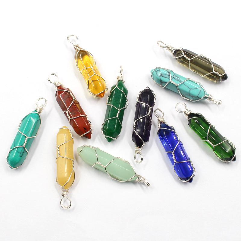 Hexagonal Wire-Wrapped Natural Crystal Stone Pendant Necklace for Women