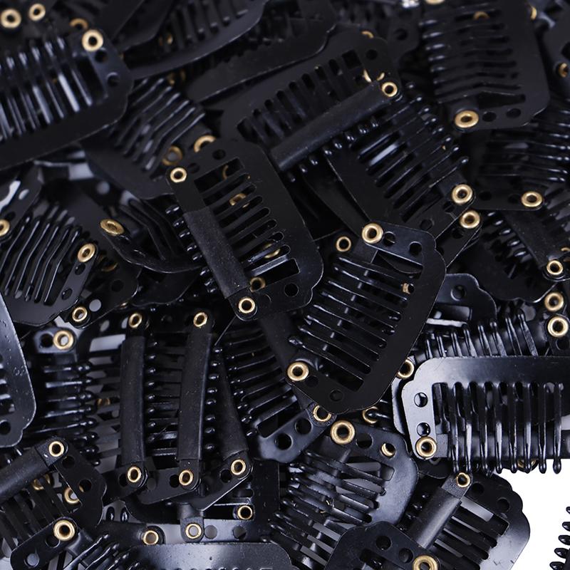 10/100 Toupee Wig Clips Snap Clips W/ Rubber Back Hair Extension Black 8 Teeth
