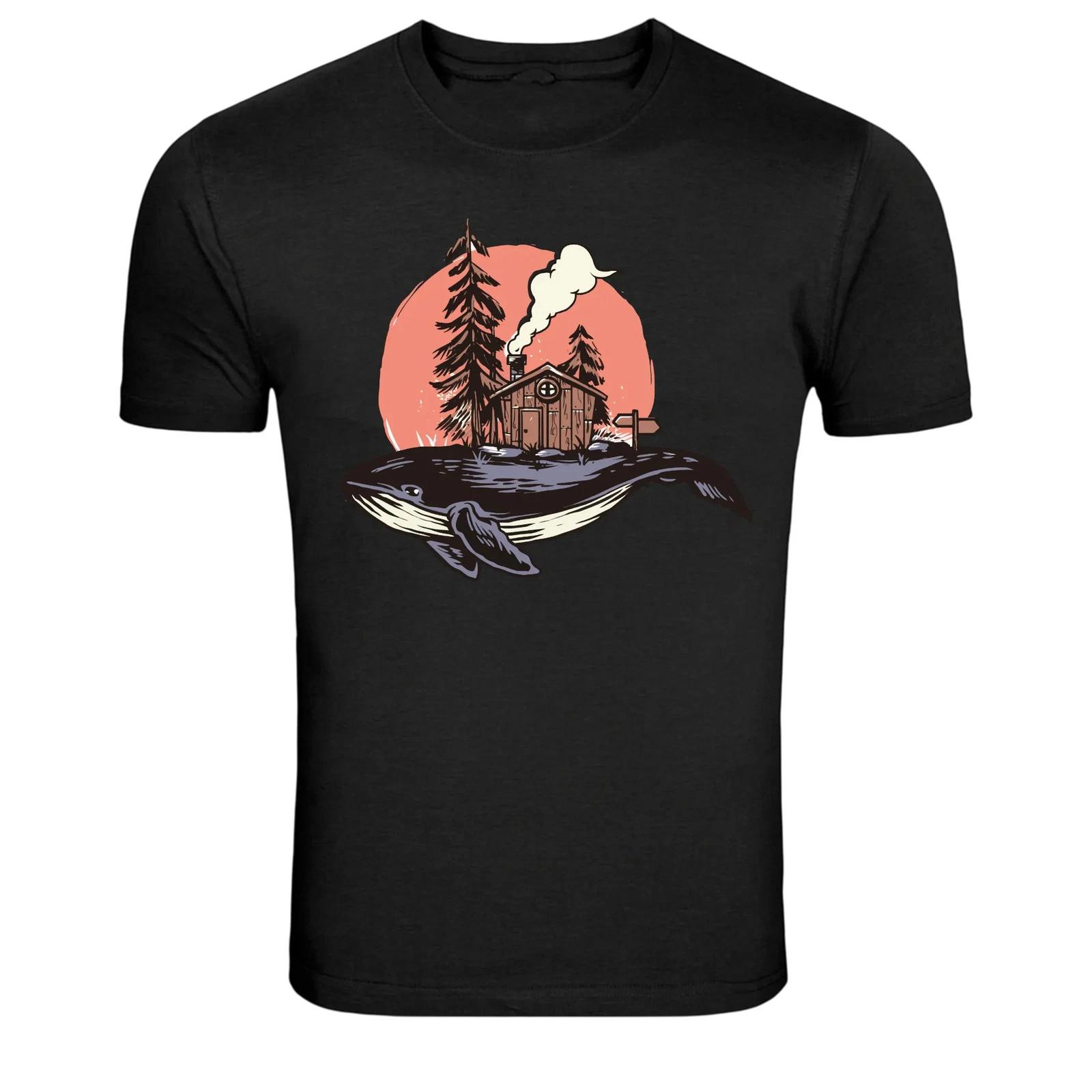 Whale Ocean Cabin Sunset Nature Surreal Graphic T-Shirt XS