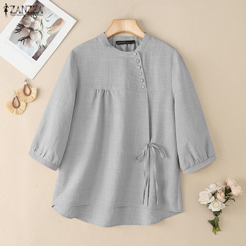 ZANZEA Women Summer Casual Round Neck Half Sleeve Side Lace-up Irregular Blouse