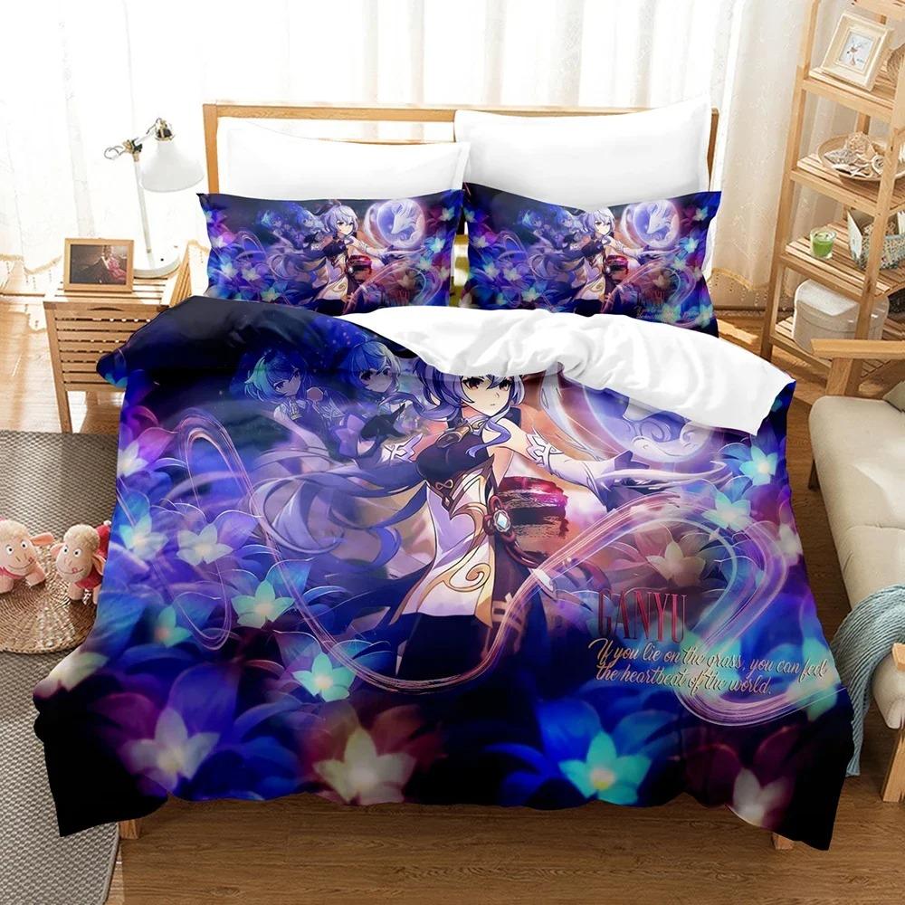 3D Printed Genshin Impact Bedding Set Winter Warm Polyester Quilt Cover Cartoon Game Design 3PCS