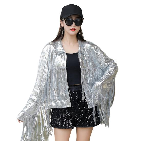 Lapel Long Sleeve Open Stitch Short Type Women Coat Shiny Sequins Tassel Stage