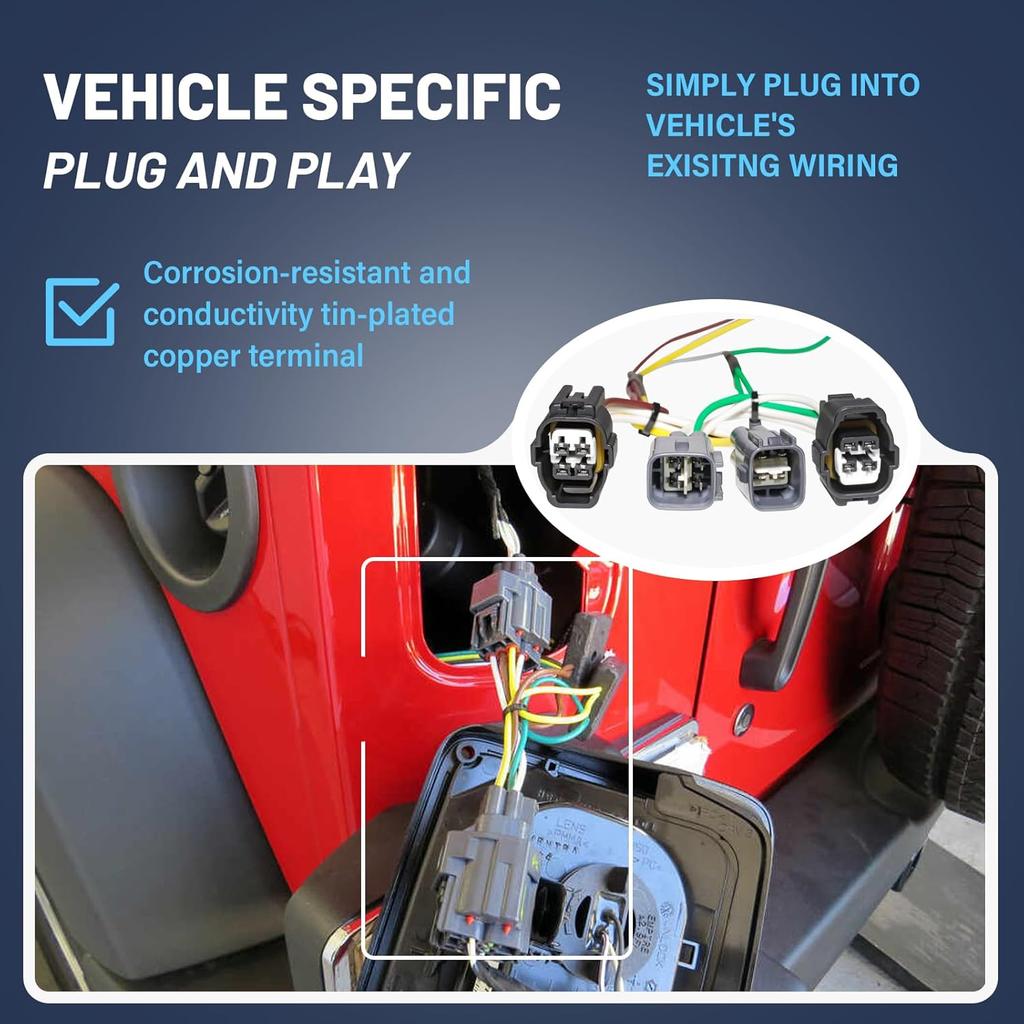 4-Way Flat Trailer Wiring Harness 55363 for 1998-2006 Jeep Wrangler TJ Vehicle-Side 4 Pin Trailer Towing Hitch Wiring for Jeep TJ 4 Prong Trailer